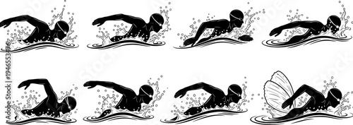 Swimming freestyle stroke silhouette sequence showing athlete motion in water, competitive swimming technique, sports training, splash action, black vector illustration isolated on white background