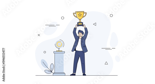 Businessman holding a trophy above his head, celebrating success and achievement.