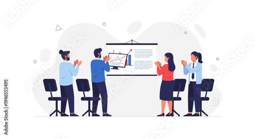 Business team applauding during presentation with growth chart on screen