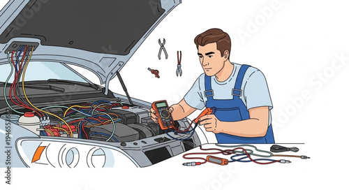 Mechanic working on car engine.