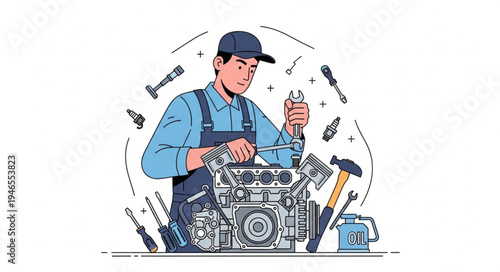 Mechanic Working on Car Engine.