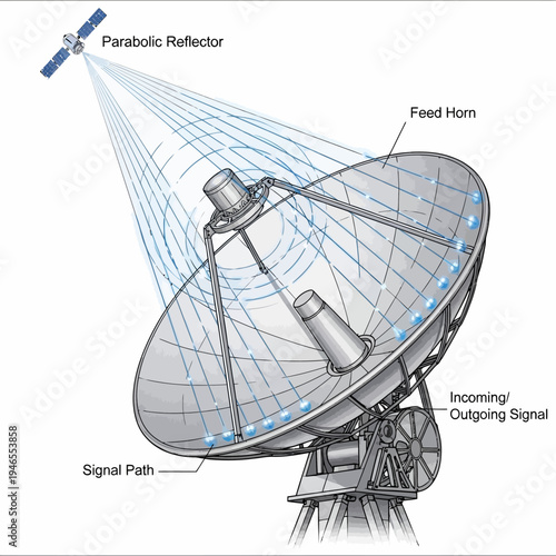 A parabolic reflector satellite dish with labeled components.