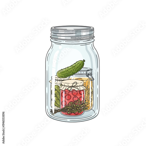 Colorful illustration of pickled vegetables in jars.