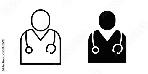Doctor icon designed in black stroke and fill styles, isolated on a white background. Ideal for medical apps, health dashboards, telemedicine platforms, hospital websites, and healthcare concepts.