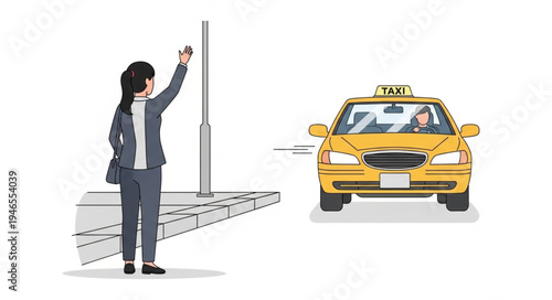 Woman Hailing Yellow Taxi Cab.