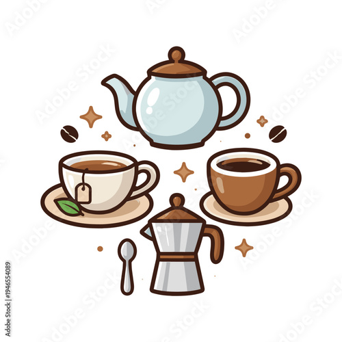 Cute tea and coffee set with cups and kettle