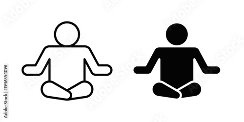Meditation person icon in stroke and solid fill styles, isolated on white background. Ideal for yoga apps, mindfulness programs, and wellness concepts.