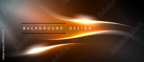 Abstract orange, silver lines create dynamic flow. Text reads background design over dark space. Modern visual element.