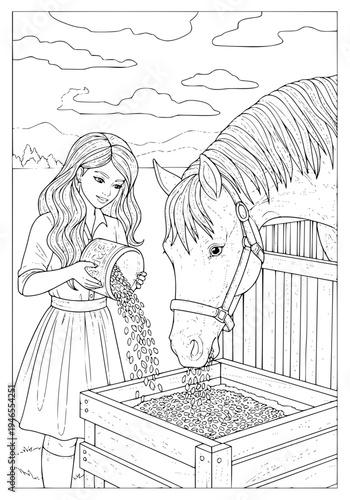 A girl feeding a horse oats coloring page