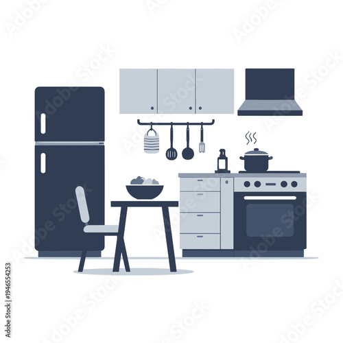 Modern kitchen setup with dining area and utensils