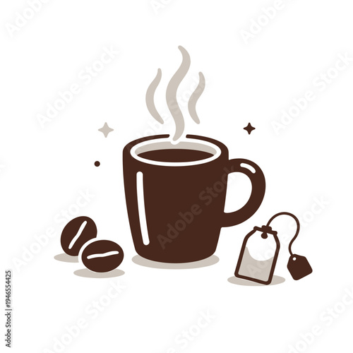 Steaming coffee cup with beans and teabag