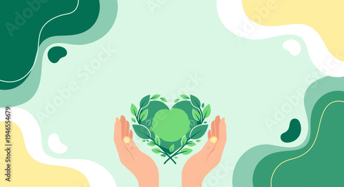 Holistic health and wellness vector background with hands holding a green leaf heart
