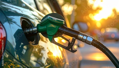 Refueling car with gasoline nozzle during golden hour sunset
