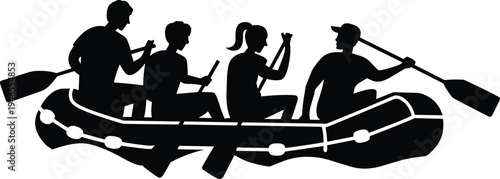 Team rafting boat silhouette vector illustration, group adventure water sport concept, teamwork paddling in river, outdoor recreation activity, extreme sport graphic design