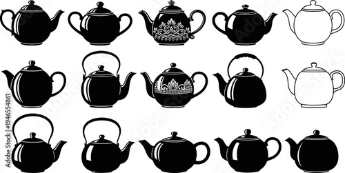 Teapot silhouettes collection, black and white vector illustration set of classic, vintage, and decorative teapots for kitchen design, tea branding, and decor