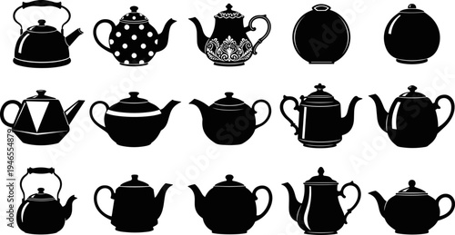 Teapot silhouettes vector illustration set, vintage and modern tea kettles collection, black kitchenware icons for cafe, beverage, menu, packaging design