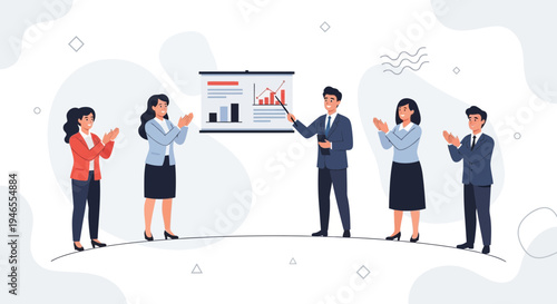 Business meeting success: team applauds presenter showing growth chart on whiteboard
