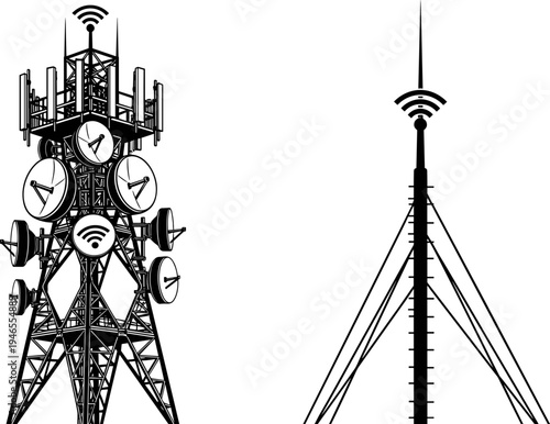 Telecommunication tower illustration featuring radio antenna and signal transmission structures, wireless network and broadcasting technology concept 