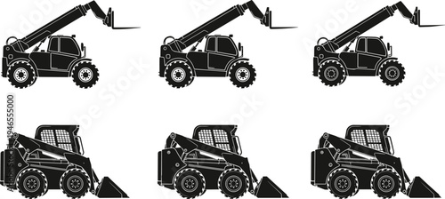 WebTelehandler and Skid Steer Loader Black Silhouettes, Construction Machinery Icons Set, Heavy Equipment Vector Illustration for Industrial Site, Isolated