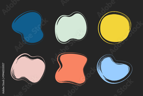 Hand drawn abstract blob shapes with brush texture. Colorful organic vector elements with rough artistic outline in modern minimalist style. Creative handmade paint shapes for posters, branding