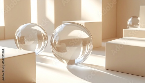 Minimalist Scene with Glass Spheres and Geometric Shapes in Warm Light.