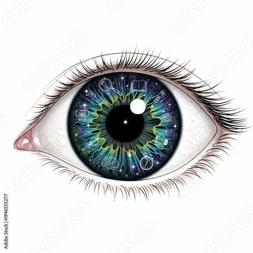 Vibrant colorful eye with starry iris.