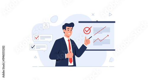 Businessman presenting successful business growth on whiteboard with checkmarks