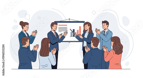 Business meeting presentation success, team applauding speaker at whiteboard with charts