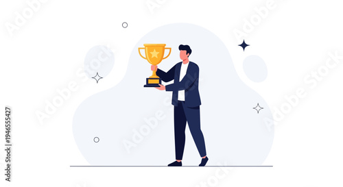 Man in Suit Holding Golden Trophy, Symbolizing Success and Achievement