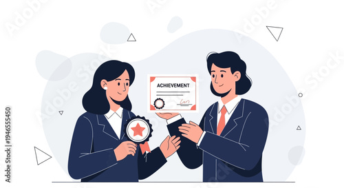 Businesswoman receives achievement award and certificate from colleague in office