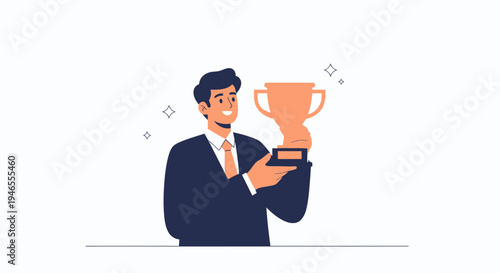 Man in Suit Holding Trophy, Celebrating Success and Achievement