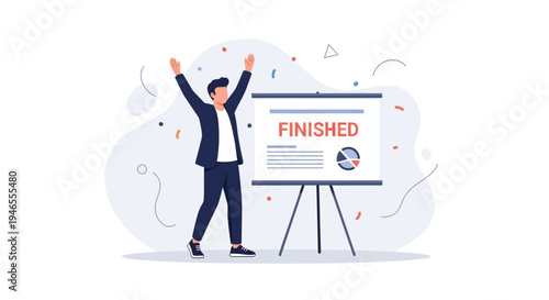 Successful businessman celebrating project completion with a presentation board.