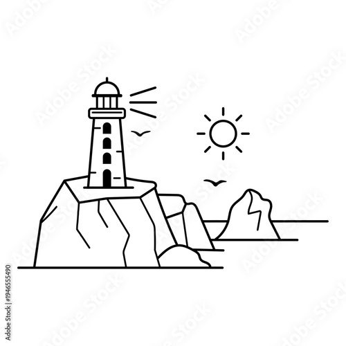Illustration vectorielle minimaliste d’un phare breton posé sur un rocher face à la mer, avec soleil et oiseaux. Paysage côtier simple en line art évoquant la Bretagne et l’océan Atlantique.