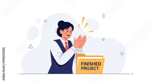 Woman applauds near folder labeled "Finished Project", celebrating success and achievement.