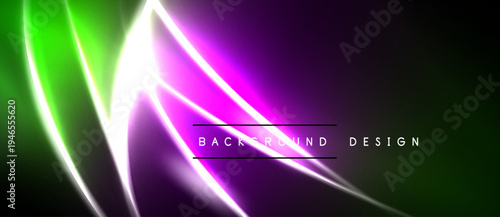 Vibrant abstract lines create dynamic purple, green glow. Dark background emphasizes bright energy, modern design elements.