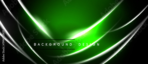 Abstract green background with silver flowing lines. Text reads background design. Dark edges create dramatic effect. Simple, modern aesthetic.