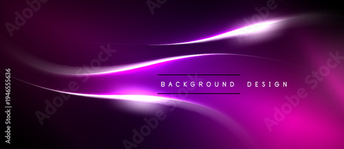 Abstract purple background features flowing lines, bright highlights. Minimalist design with dark borders creates dramatic effect.