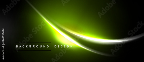 Abstract neon glow, vibrant green hues dominate dark background. Smooth curves create dynamic visual effect. Text reads background design.