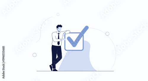 Businessman leaning on a large checkmark in a box, concept of success and completion