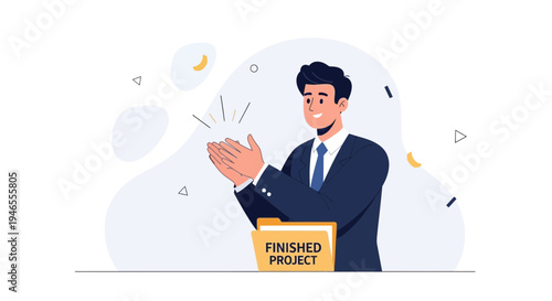 Businessman clapping hands near finished project folder, celebrating success and achievement