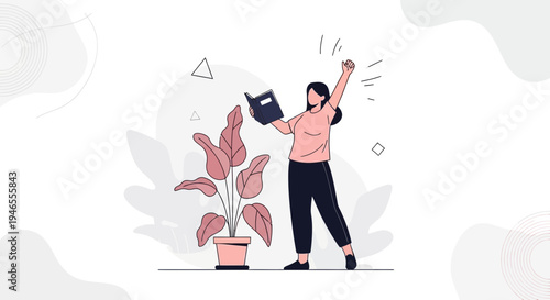 Woman Reading Book and Celebrating Success with Raised Fist, Plant Background