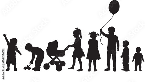 Children silhouettes in black, varying ages with a balloon and stroller, playing and standing with one another.