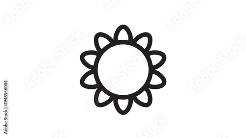 Sun icon black outline on a white background with rounded petals and a circular center space featuring sunshine, celestial body, solar with weather