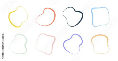 Hand drawn organic blob frames set with brush texture. Abstract irregular shapes and circles in modern minimalist vector style. Collection of artistic outline elements for creative graphic design