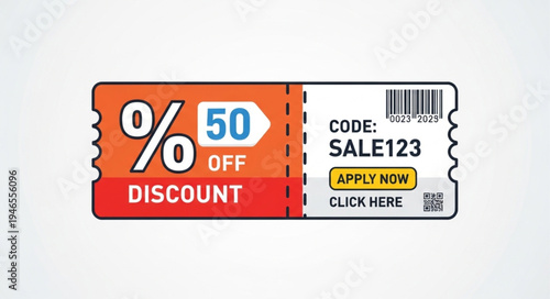 Vibrant 50 Off Discount Coupon with Bold Design and Clear Call to Action.