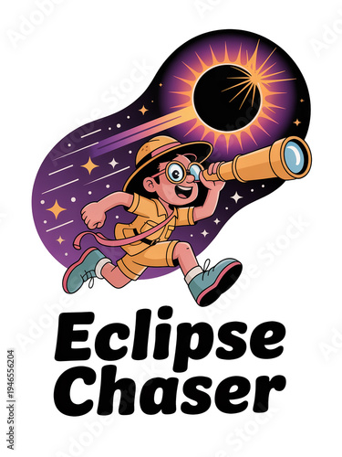 A cartoon character excitedly runs with a telescope towards a solar eclipse