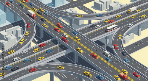 Isometric View of a Busy Highway Interchange with Cars and Trucks.