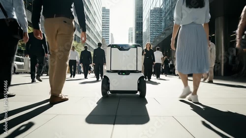 In a lively urban environment, a sleek robot glides effortlessly through crowds, showcasing advanced delivery technology against the backdrop of towering skyscrapers.