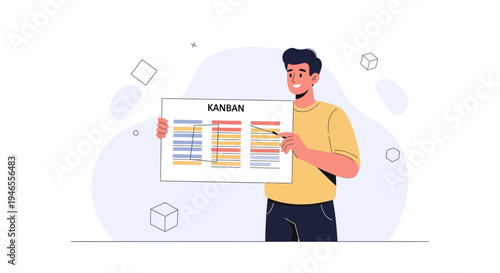 Man presenting Kanban board for project management and workflow optimization