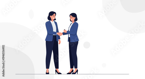 Two businesswomen shaking hands, agreement, partnership, success, modern office vector illustration